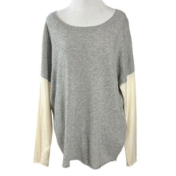 Vince Color Block Wool Cashmere Bateau Sweater Small Oversized Boxy Grey Cream - Picture 3 of 14